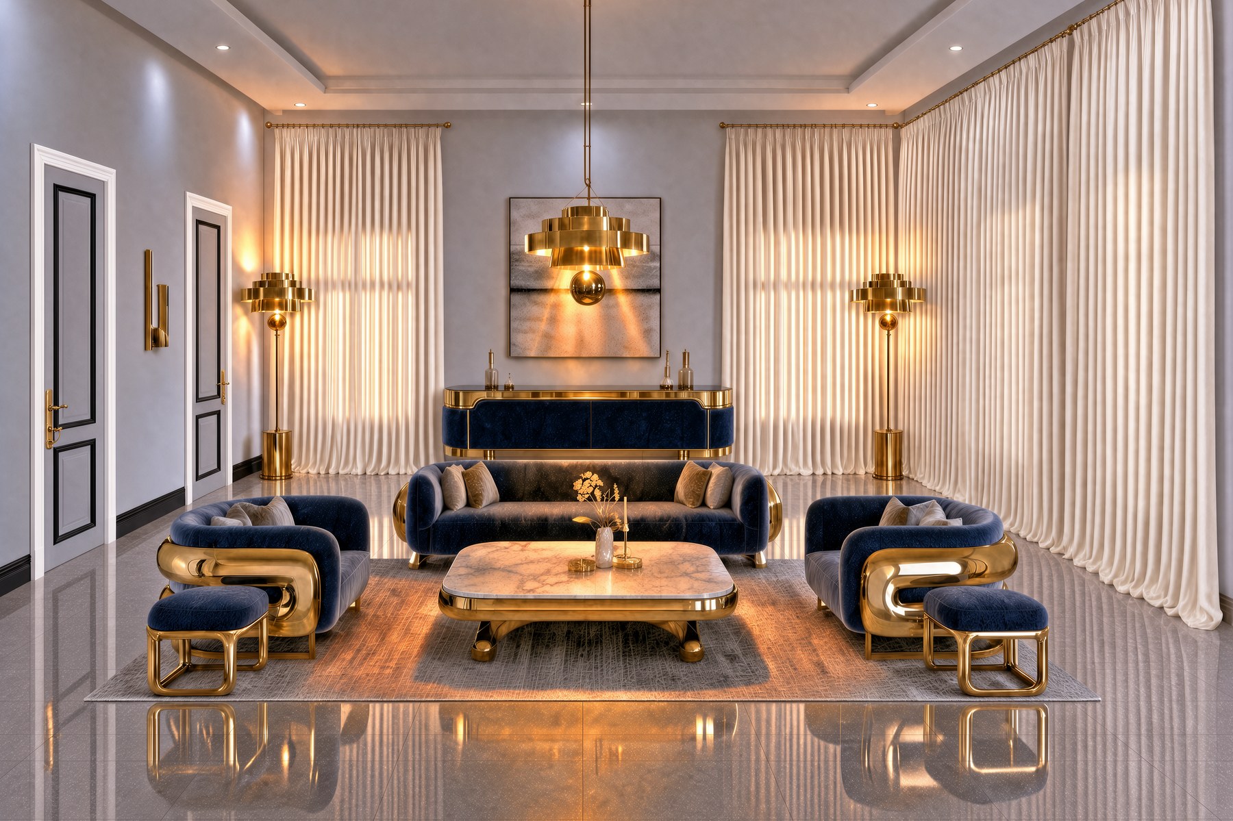 Living room in a dark velvet and polished brass scheme